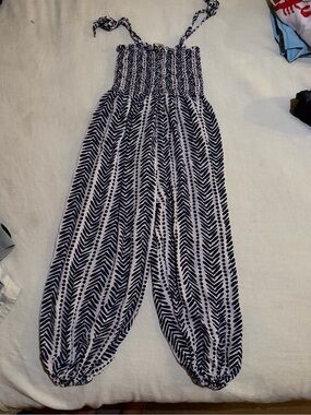 Size 7/8 Navy and White Chevron Smocked Jumpsuit with Tie Straps